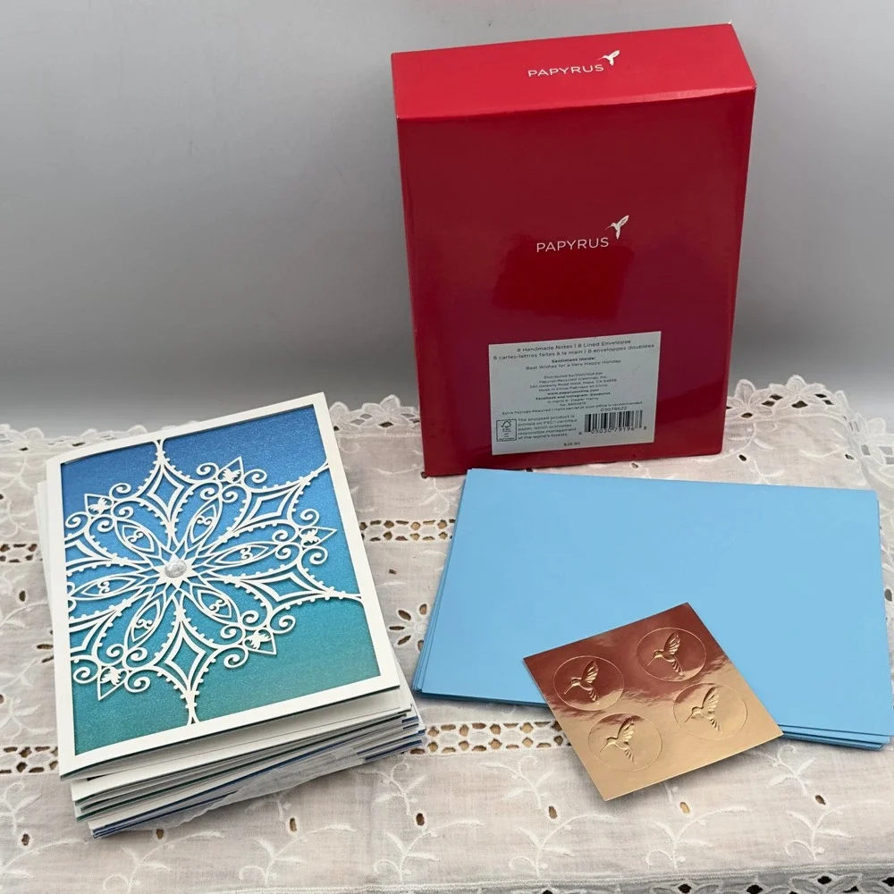 Papyrus Snowflake Holiday Cards Blue Ombre Laser Cut Gem 8ct Set 5x7 New